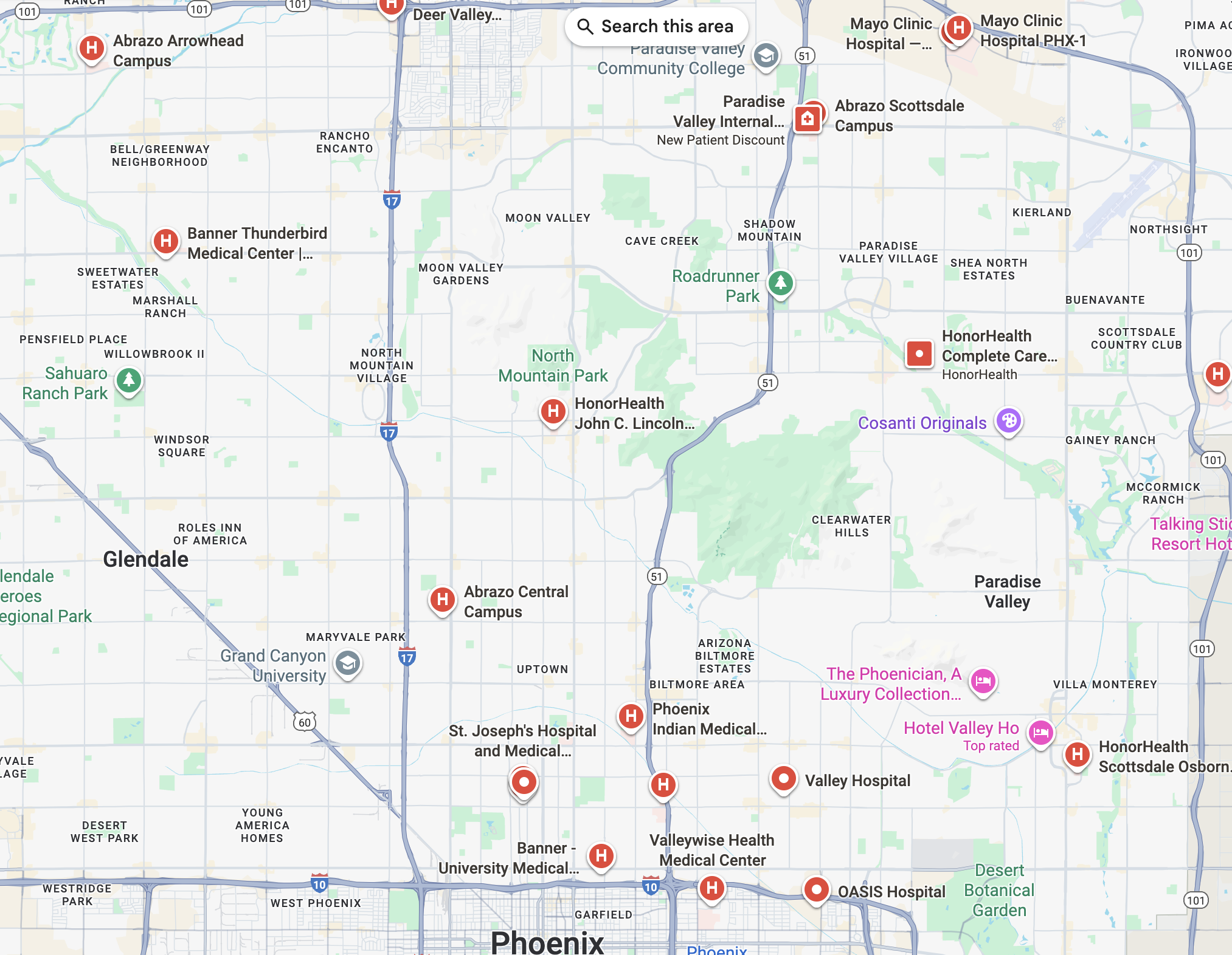 Map of phoenix hospitals