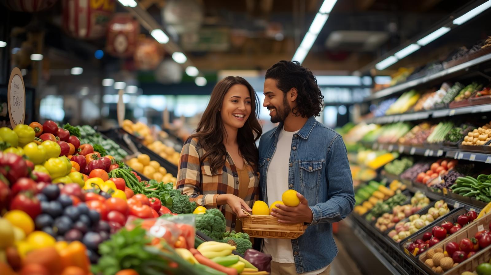 young couple grocery shopping