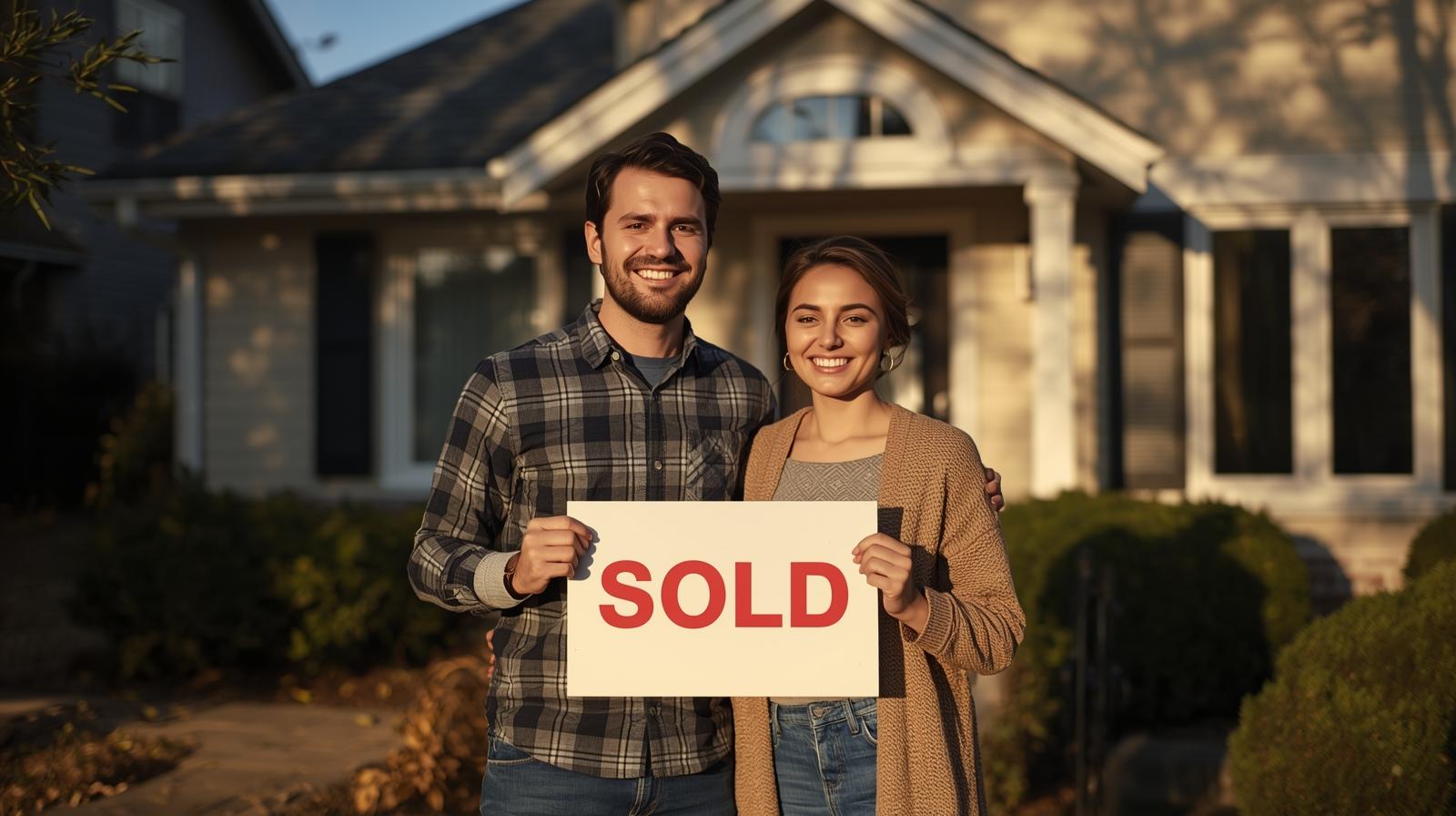 Couple holding sold sign