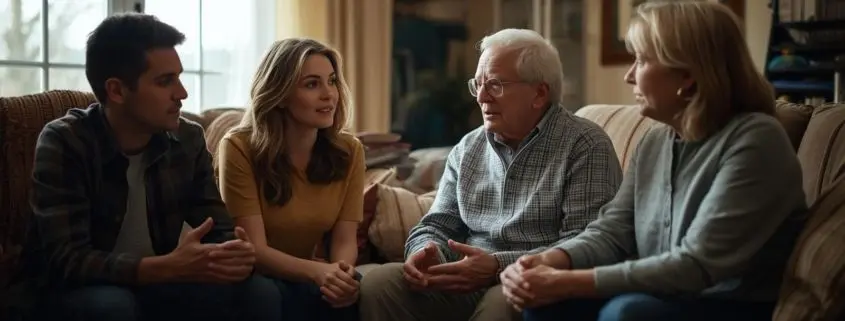 Adult children talking to elderly parents about selling a family home