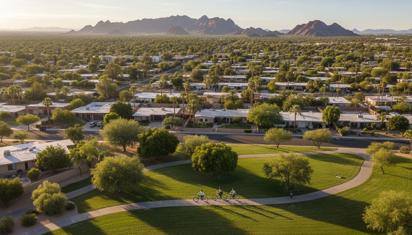 A family biking through tree-lined phoenix neighborhoods near Mayo Hospital