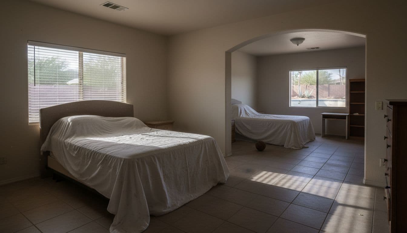 Empty guest bedroom and former child's room in spacious Phoenix family home with dust-covered unused furniture, afternoon sunlight through blinds, neglected backyard view, cinematic style.
