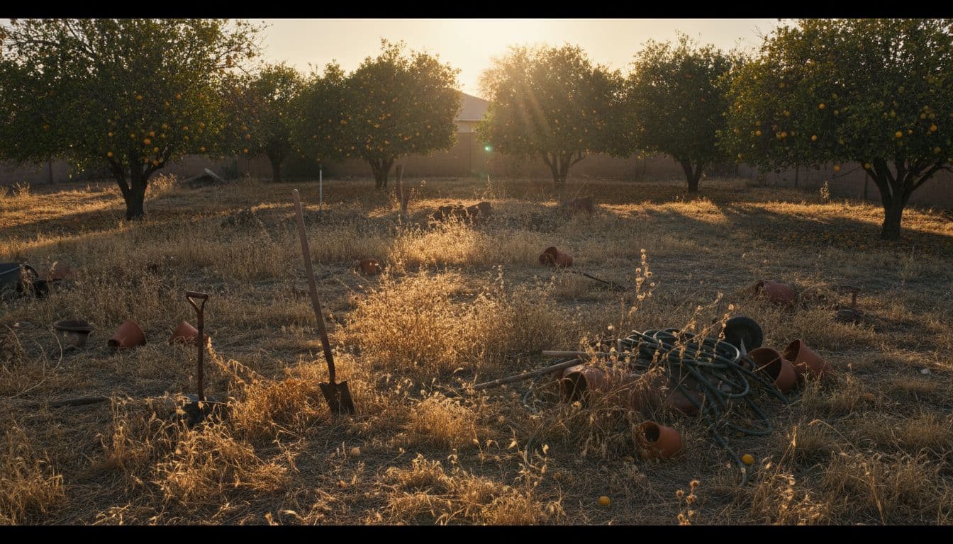 Neglected backyard in a Phoenix suburban home with overgrown grass, weeds, scattered gardening tools, citrus trees in the background, and hot desert sun casting long shadows in a cinematic style with strong contrast and dramatic lighting.