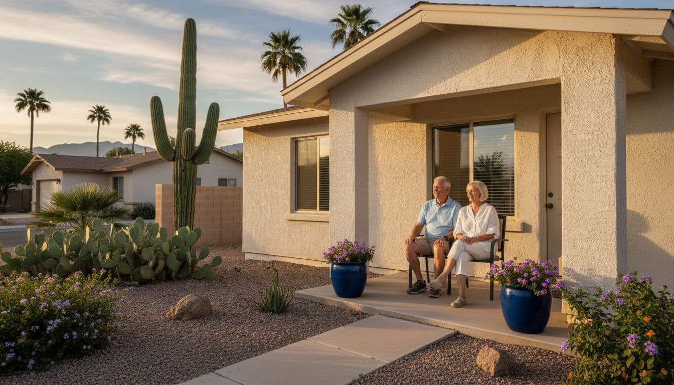 A senior couple relaxes on the porch of a single-story ranch home in a North Phoenix neighborhood, featuring a desert garden with saguaro cacti under cinematic evening light with strong contrast.