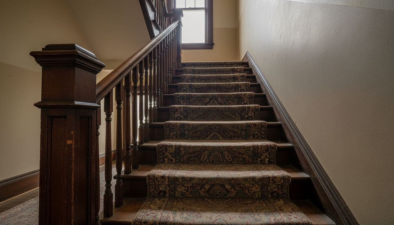 Steep wooden staircase in an older Phoenix home interior with worn carpet on steps and scuffed handrail, lit by soft indoor light from upstairs window in cinematic style with strong contrast, depth, and dramatic shadows. Focus solely on the stairs in landscape composition, no people, text, or logos.