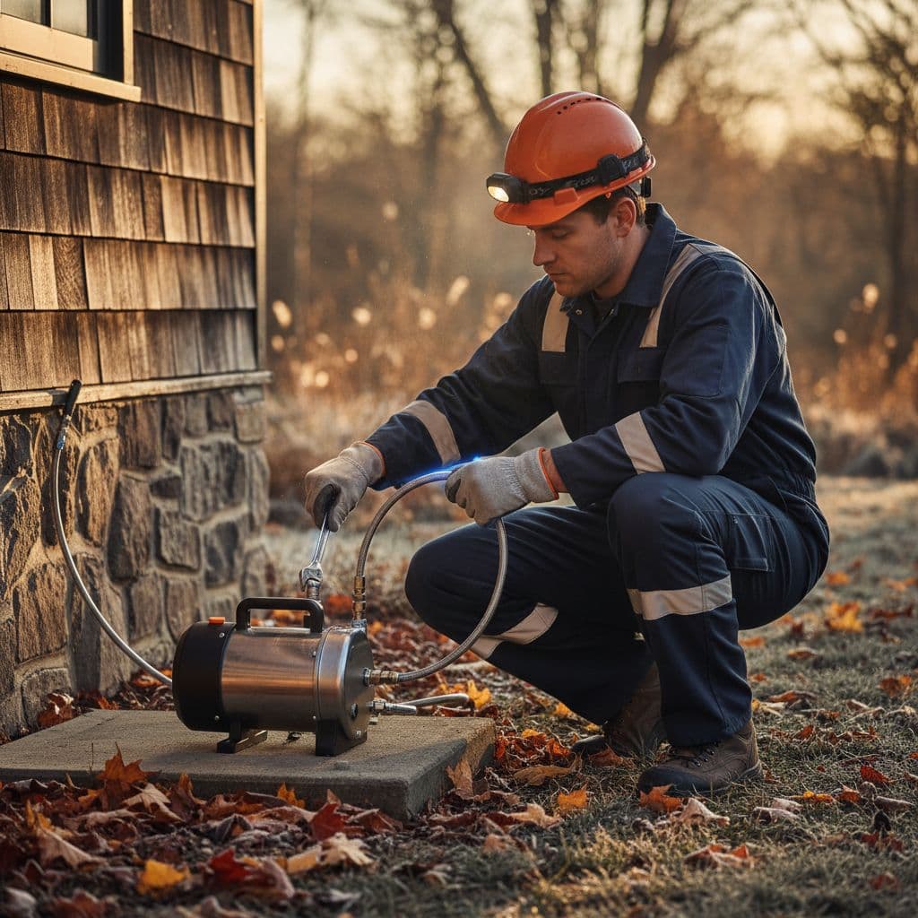 A professional technician in work gear carefully winterizes an outdoor misting system pump near a house in soft cinematic light with dramatic contrast.