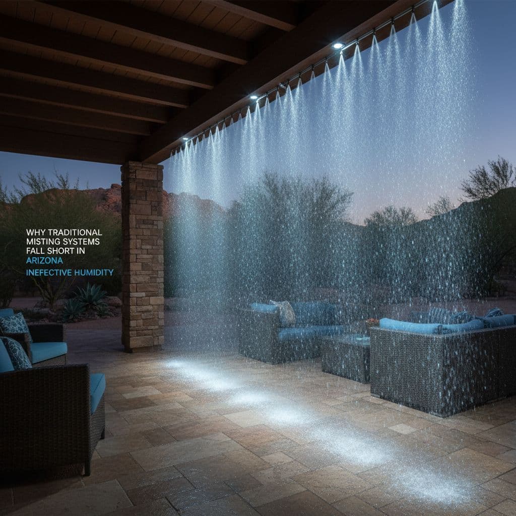 A dimly lit, covered outdoor patio in a desert home with a traditional low-pressure misting line creating a heavy, ineffective white curtain of water droplets in humid conditions. Cinematic style emphasizes strong contrast, depth, and dramatic lighting.