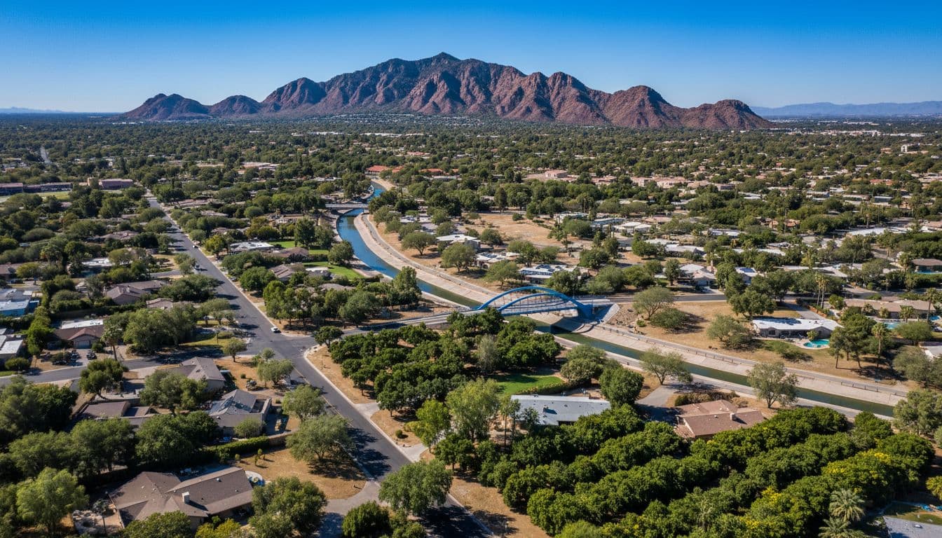 Aerial view of Arcadia Phoenix neighborhood with citrus groves, tree-lined streets, Camelback Mountain backdrop, family biking path, sunny day with dramatic lighting, high contrast cinematic style, #2563EB accent on canal path bridge. No people, text, or logos visible.