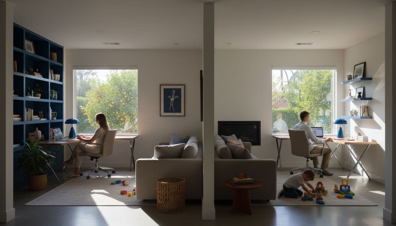 Bright interior of an Arcadia Phoenix home with two home offices separated by a family living area, featuring natural daylight, dramatic cinematic lighting, citrus tree view, and blue accents on bookshelves and lamp. Two adults work relaxed at desks with blurred laptops, one child plays nearby.