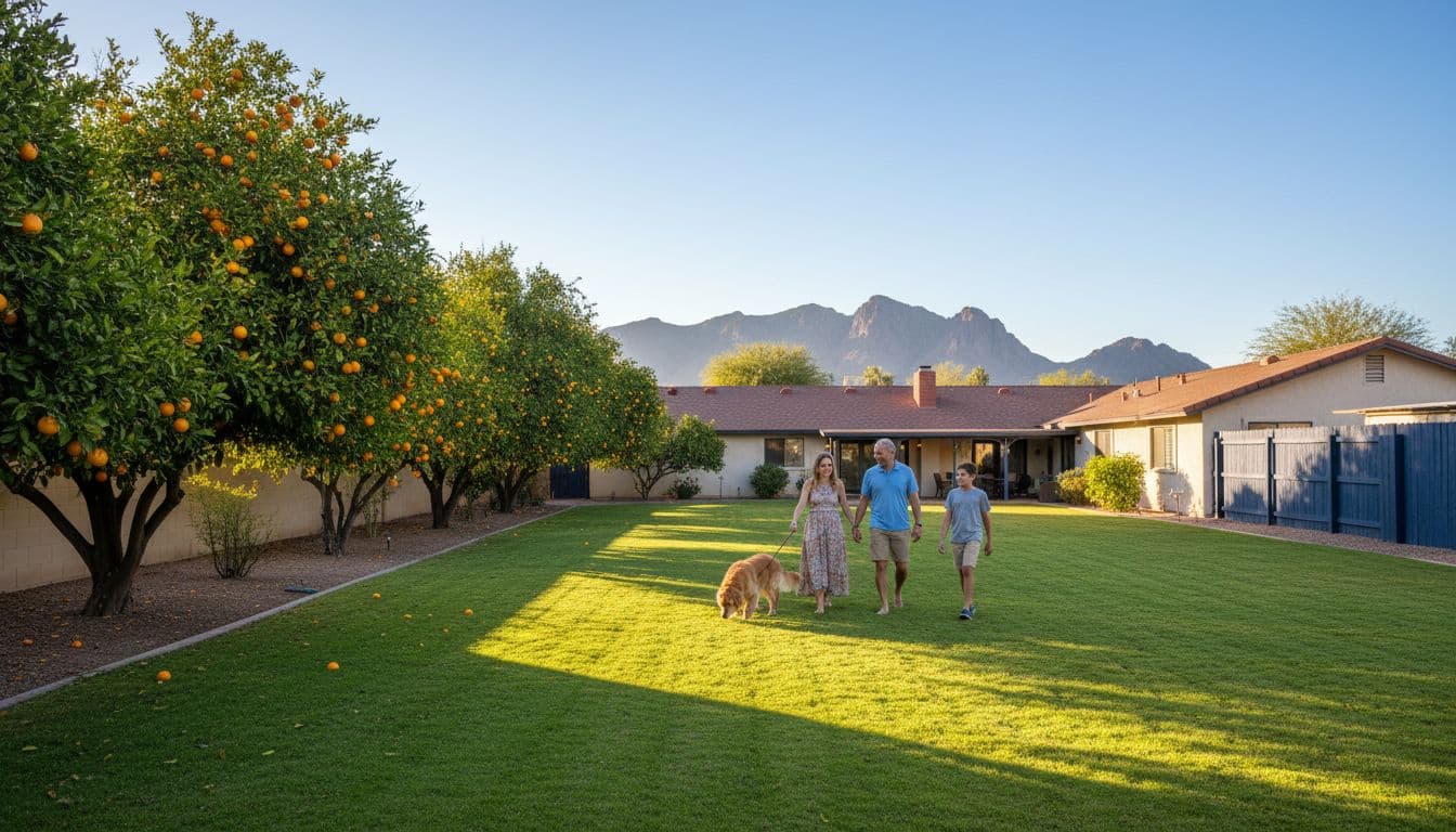 A large backyard in Arcadia, Phoenix, showcases mature citrus trees heavy with fruit, a grassy play area, and a ranch-style house, with a family of four walking their dog and Camelback Mountain in view under warm cinematic light.