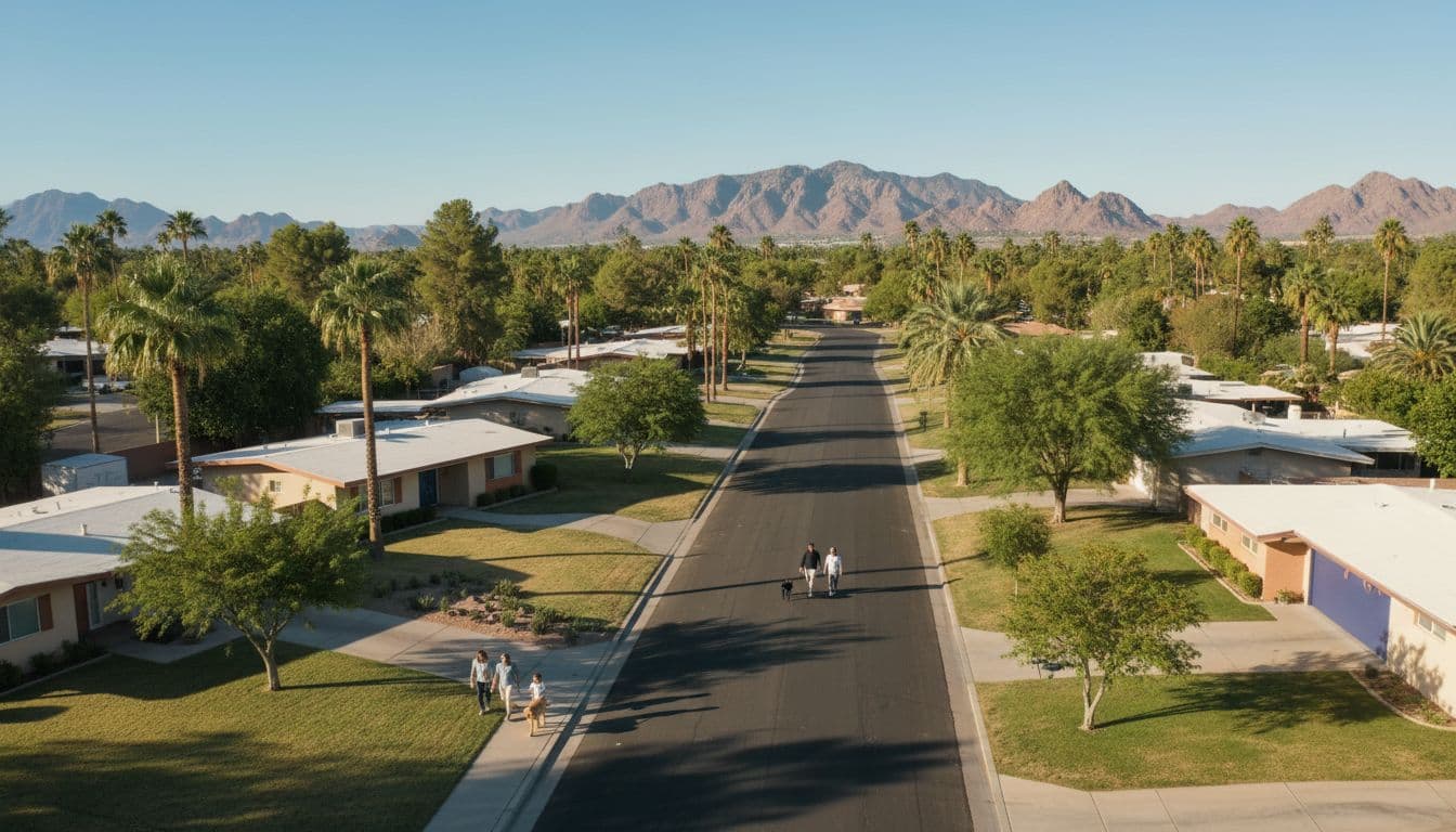 Aerial perspective of classic midcentury homes in the tree-lined Arcadia neighborhood of Phoenix, with two families walking dogs on quiet sunny streets, palm trees, and distant mountains in cinematic style.