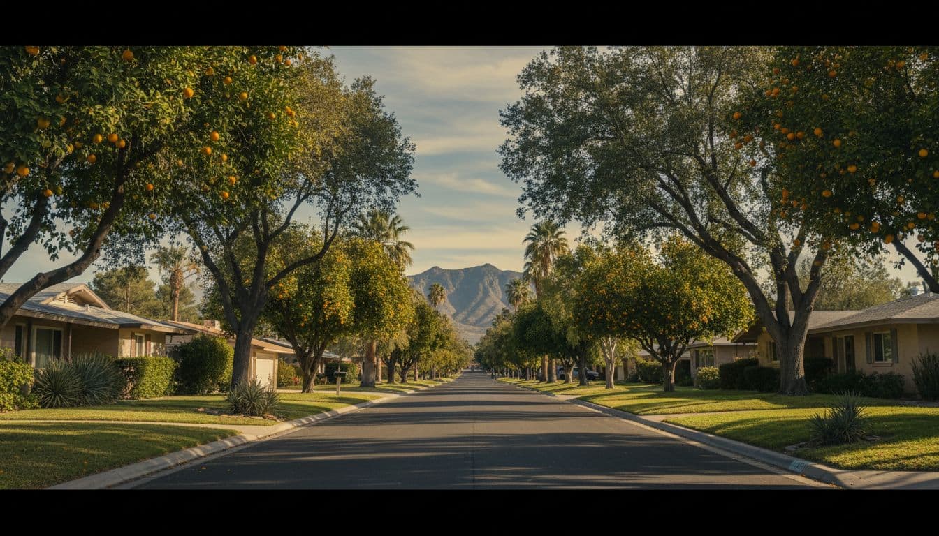 Wide view of tree-canopied streets with mid-century ranch homes and citrus trees in Arcadia Phoenix neighborhood, Camelback Mountain in background, cinematic dramatic lighting.