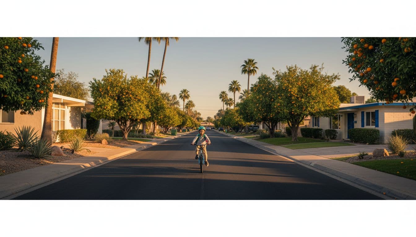 Serene tree-lined street in Biltmore Phoenix neighborhood with midcentury homes, citrus trees, and a child biking safely in warm cinematic afternoon light.