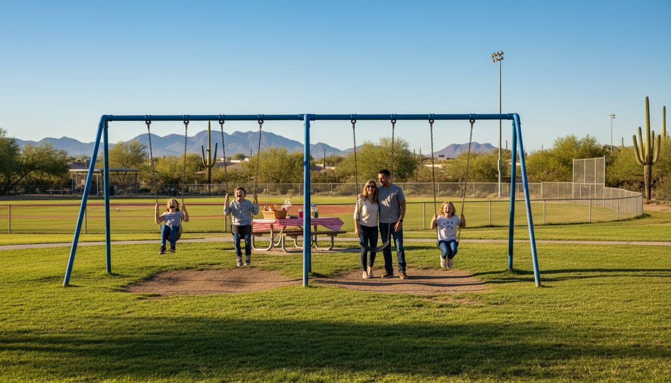 Kids on swings with parents watching nearby picnic table, green fields sports areas desert backdrop.