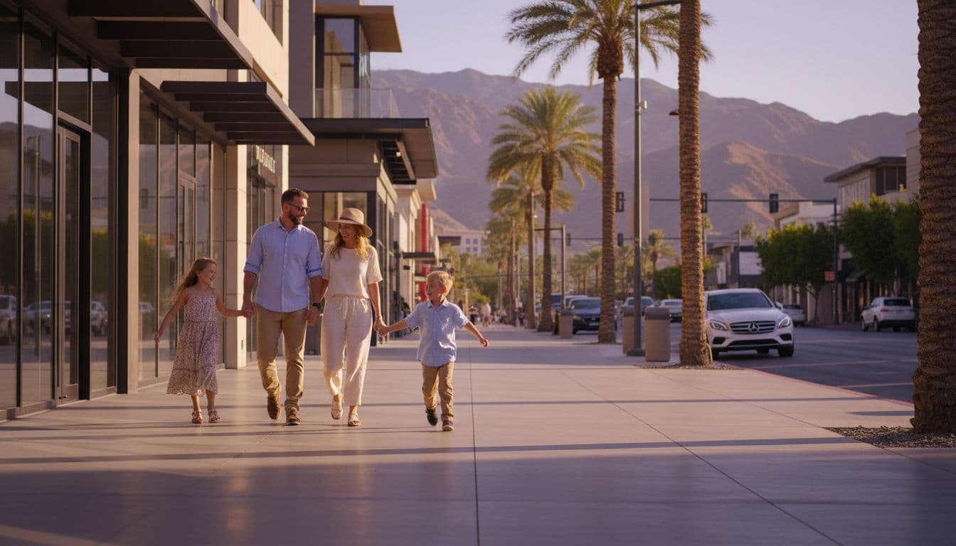 Family of four strolls wide sidewalk near upscale shops, palm trees, and distant desert mountains in golden hour light.