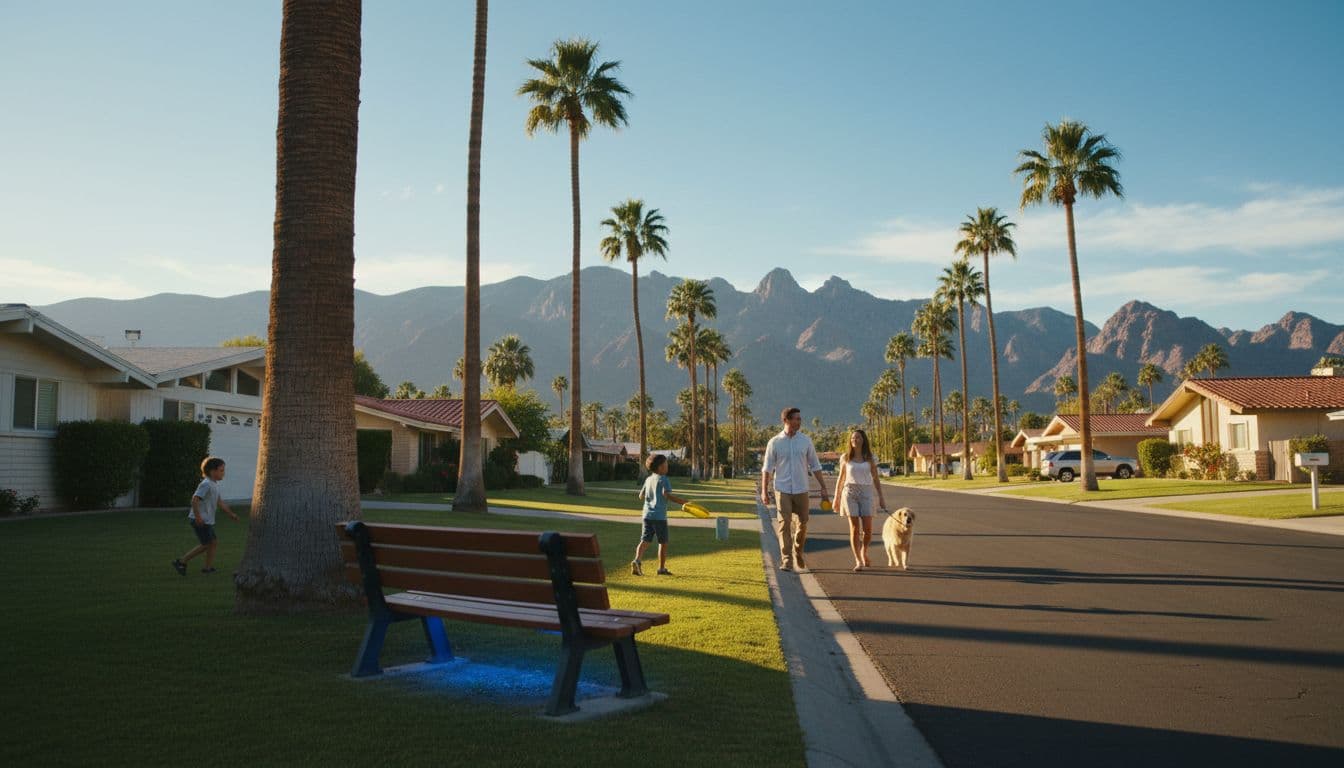 A family consisting of two adults, one child, and their dog walks along a sunny suburban street in Phoenix, lined with palm trees and midcentury homes, with mountains in the background and a vibrant accent on a park bench.