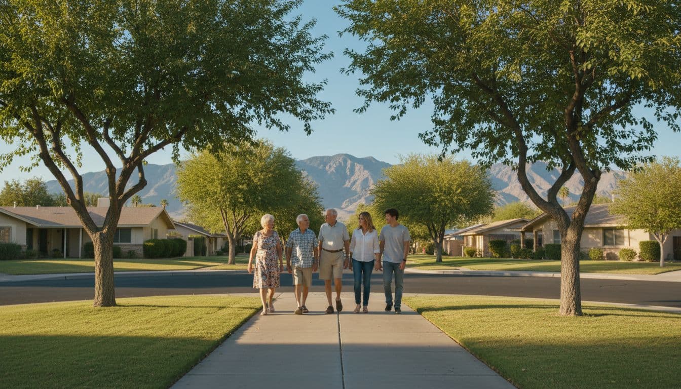 A relaxed multigenerational family of five—two grandparents, two parents, and one young adult—walks along a tree-lined sidewalk in North Phoenix, surrounded by ranch-style homes, spacious yards, and distant mountains under sunny golden afternoon light with cinematic depth and dramatic contrast.