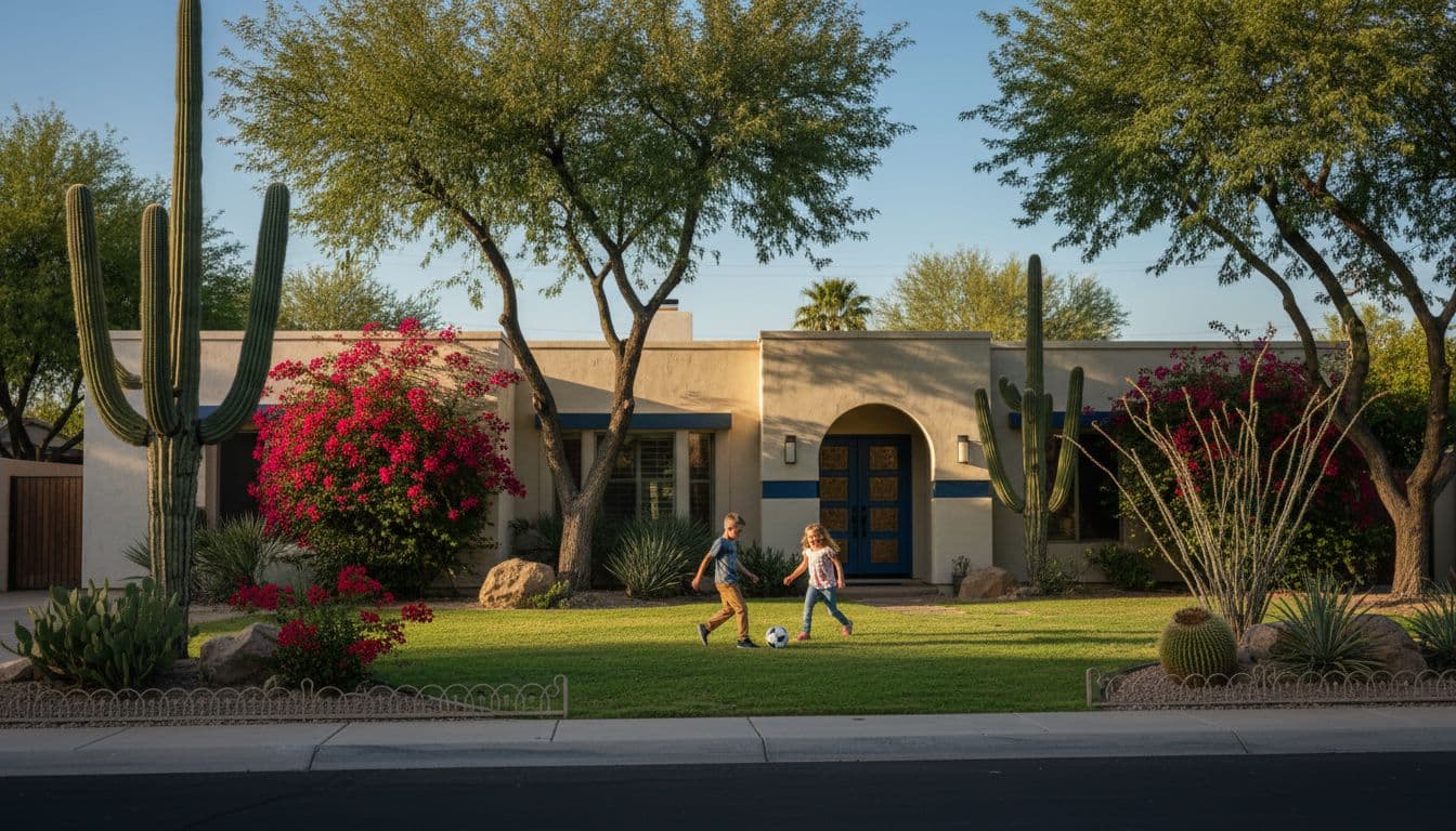 Spacious single-family home exterior in North Central Phoenix with mature landscaping and exactly two children playing safely in the front yard near a quiet street, illuminated by soft morning light with cinematic high contrast, depth, and dramatic shadows.