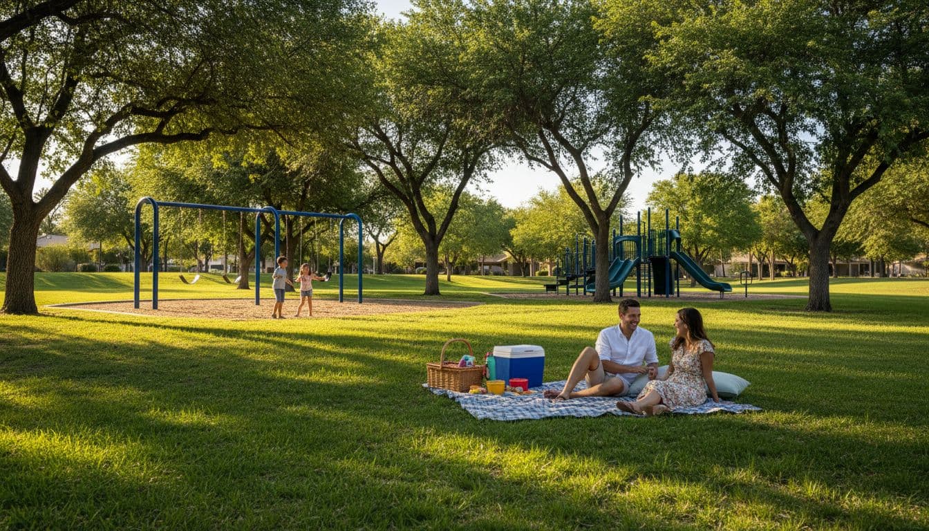 A family of four picnics in a shaded park in North Central Phoenix, with kids playing on a nearby grass playground and parents relaxing under trees in sunny afternoon light.