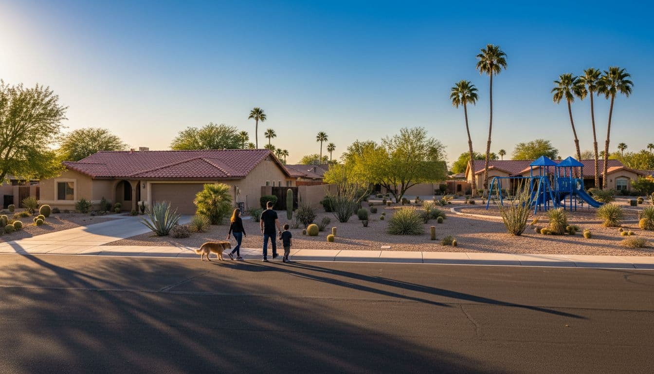 Quiet street scene in North Paradise Valley Village, Phoenix 85032, featuring a family of three walking their dog past ranch-style homes with a playground, palm trees, and desert landscaping in the background on a sunny afternoon.