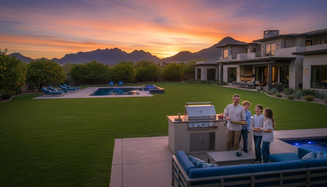 Expansive luxury backyard in Paradise Valley, Phoenix, with lawn, pool, citrus grove, and home backdrop. Family of four grills outdoors in relaxed evening scene with dramatic sunset lighting and mountain vistas.