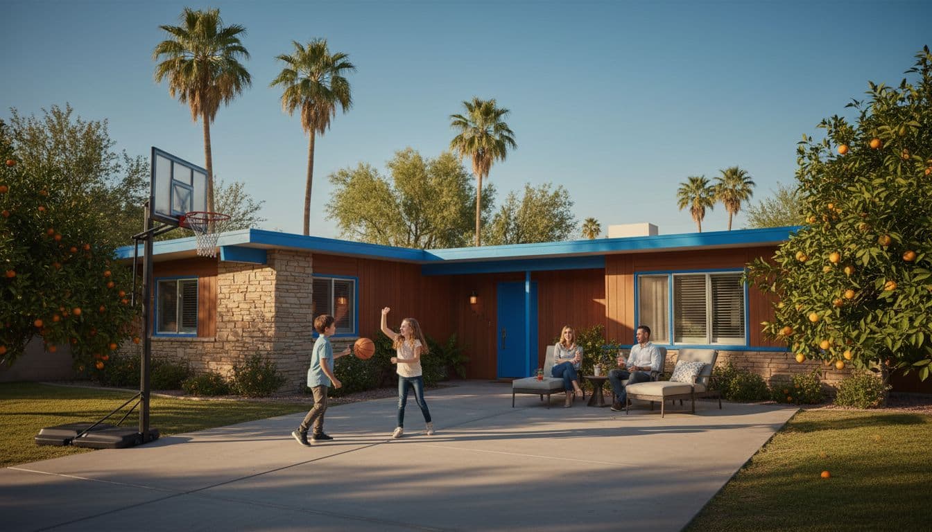 Midcentury home exterior in Phoenix Arcadia with palm trees, citrus garden, two kids playing basketball in driveway, parents on porch.