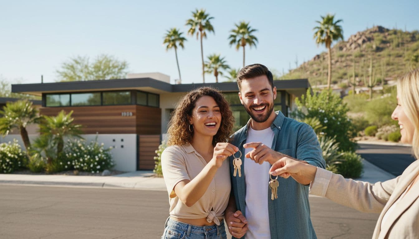 Smiling young couple in their 20s or 30s stands outside a modern single-family home in tree-lined North Central Phoenix neighborhood, handed house keys by real estate agent on sunny day with saguaro cacti background.