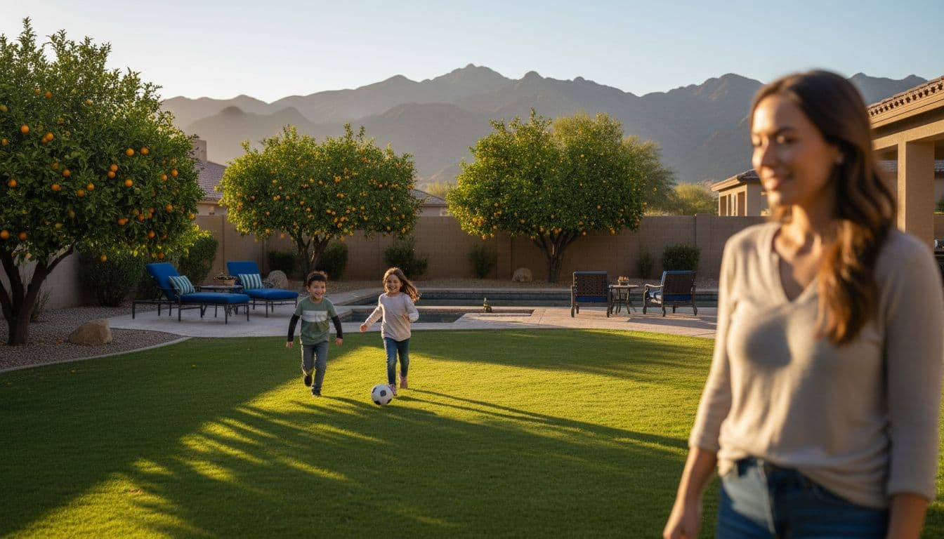 Spacious backyard in a Phoenix single-family home with two kids playing on grass, citrus trees, pool, and mountain views under warm morning light.