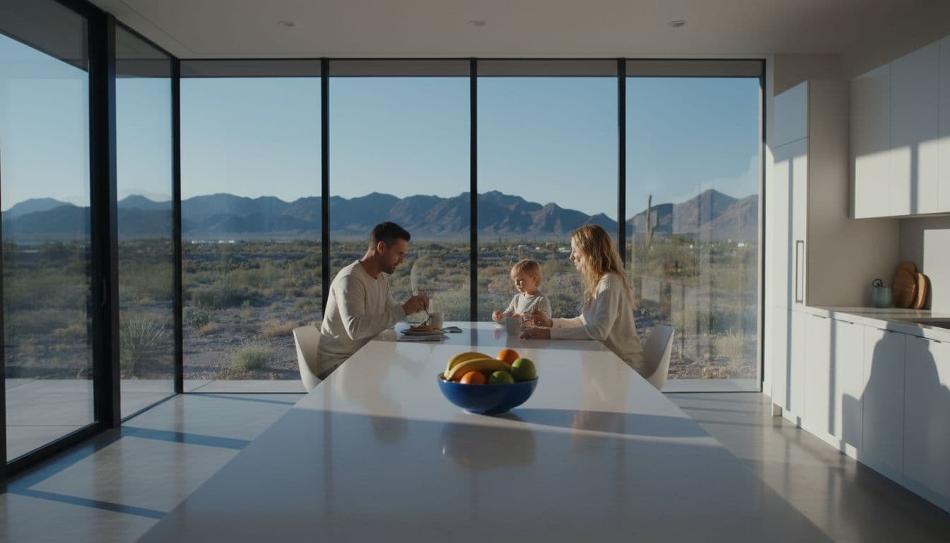 Modern family kitchen in a Phoenix home, parents and child enjoying breakfast at the table with large windows showing mountain views and natural light in cinematic style.