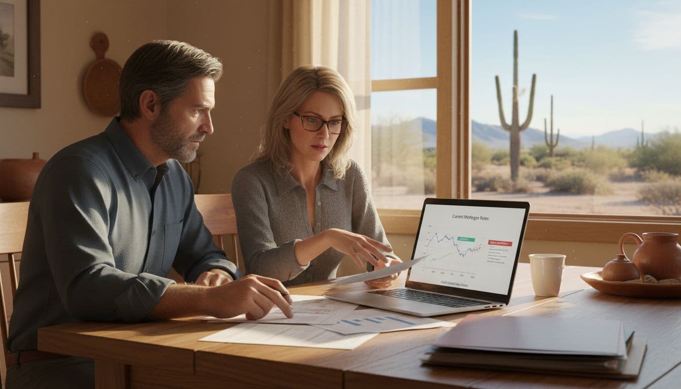 A middle-aged real estate agent and female mortgage expert sit at a kitchen table in a cozy Phoenix home, discussing papers and a laptop showing mortgage rate charts, with warm natural light from a window overlooking the desert landscape.