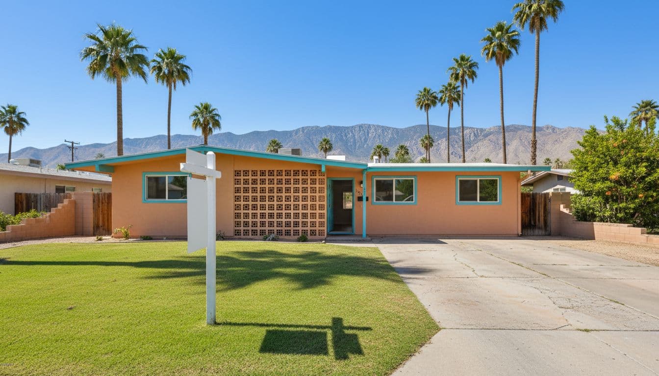 For sale sign in front of a charming mid-century home in Phoenix's Sheaborhood neighborhood on a quiet street with palm trees and mountain views, featuring an empty driveway and open house door under bright midday sun.