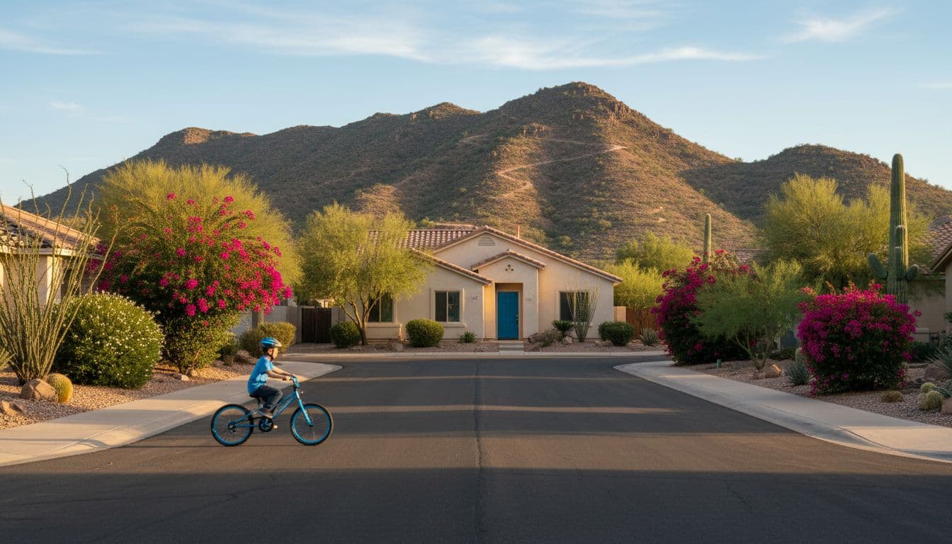 Homes line quiet Phoenix Sheaborhood street with mountain preserve backdrop and child biking on sidewalk.