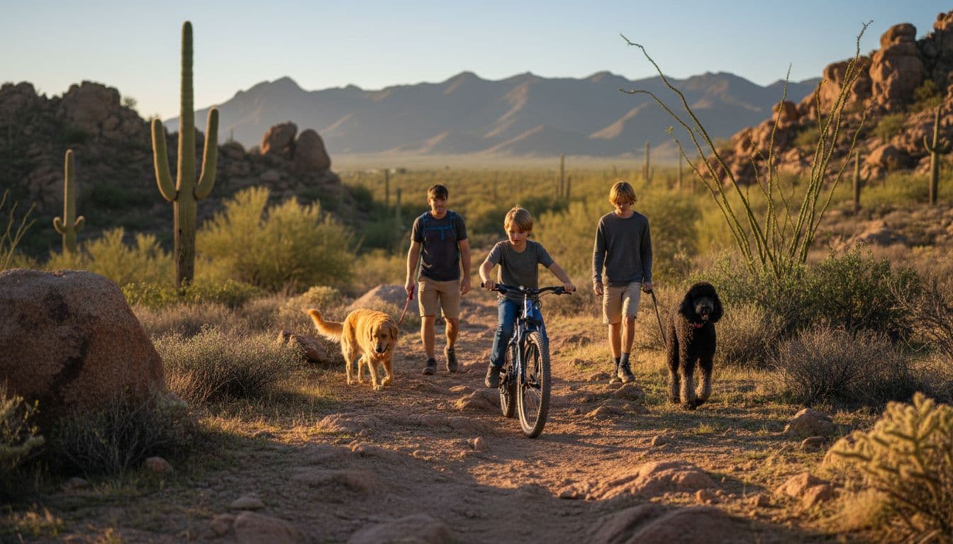 Family of four with dog on rocky trail amid saguaro cacti at Phoenix Mountains base.