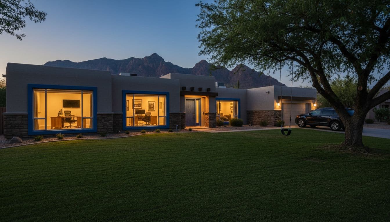 Exterior view of a spacious single-family home in Phoenix Sheaborhood neighborhood at dusk with mountain backdrop, featuring two warmly lit home office windows, large yard, and one family car in driveway.