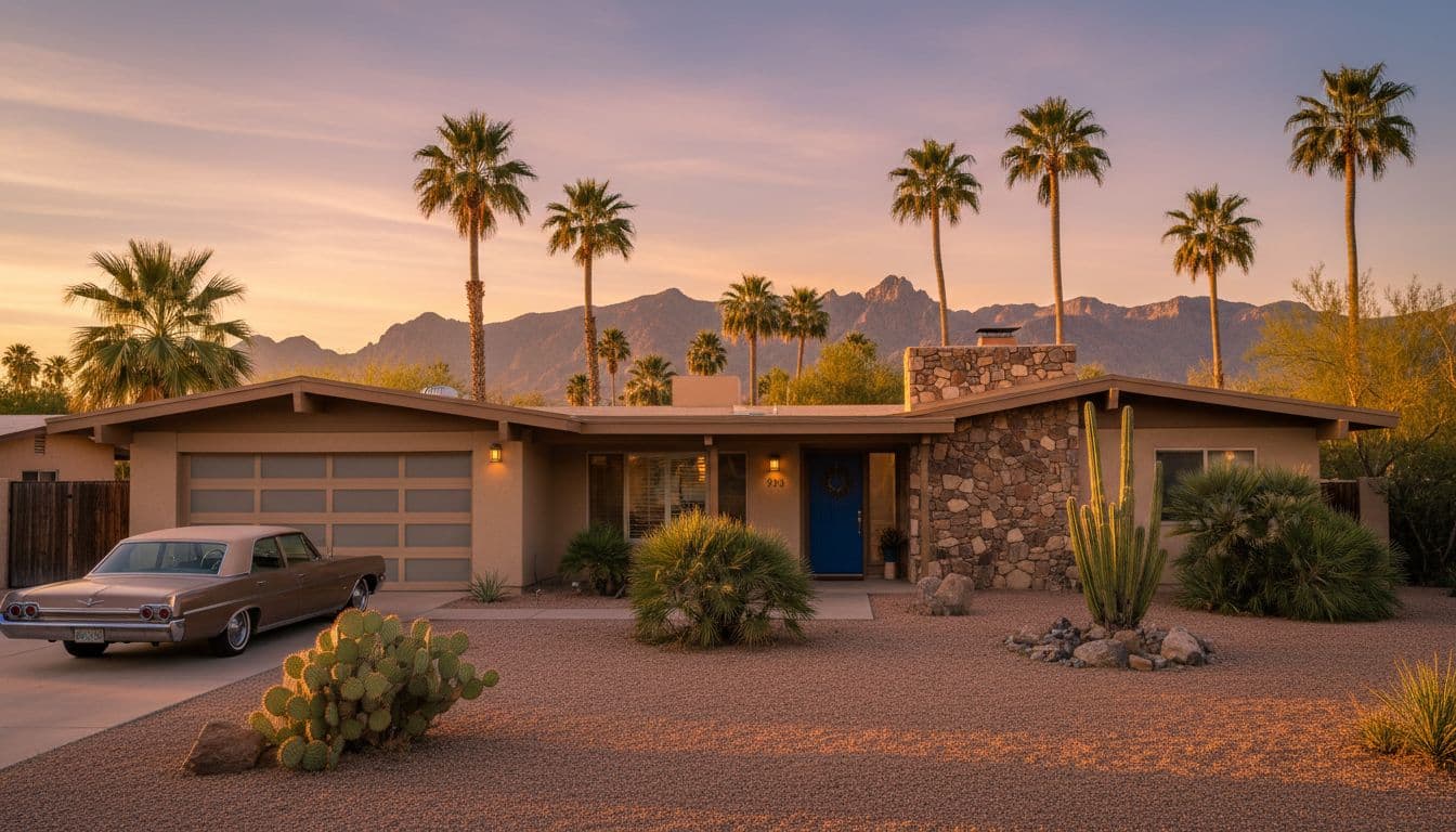 Midcentury ranch home exterior in Phoenix Sheaborhood neighborhood at sunset, featuring Phoenix Mountains Preserve background, palm trees, desert landscaping, warm golden light, and cinematic contrast with blue accent door.