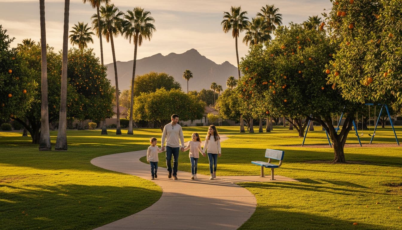 Family of four walks paved path in lush green park with palm trees, citrus groves, and Camelback Mountain view.