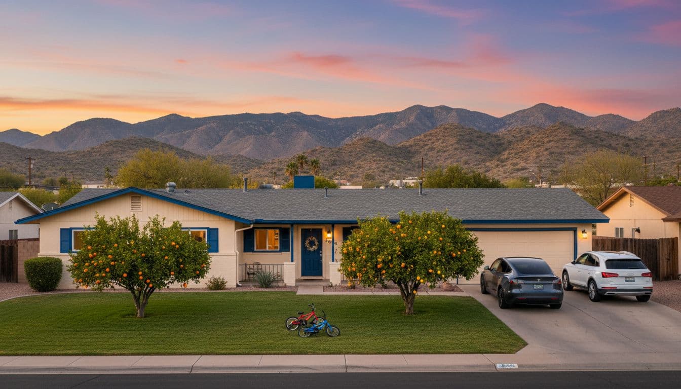 Family home with blue trim, grassy front yard, citrus trees, two cars in driveway, kids bikes on lawn, Phoenix foothills backdrop in evening light.