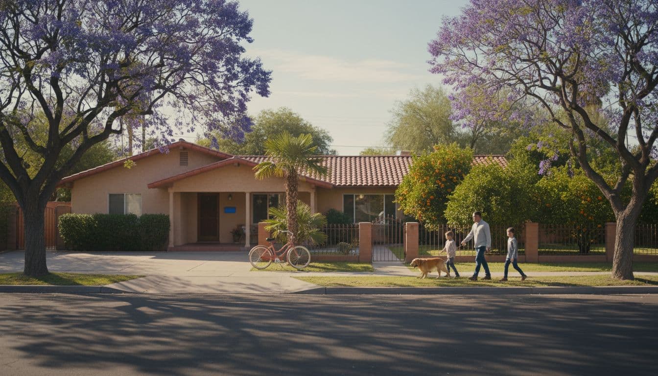 Ranch-style family home with bike in driveway, shady backyard citrus grove through gate, family of four walking dog on tree-lined street.