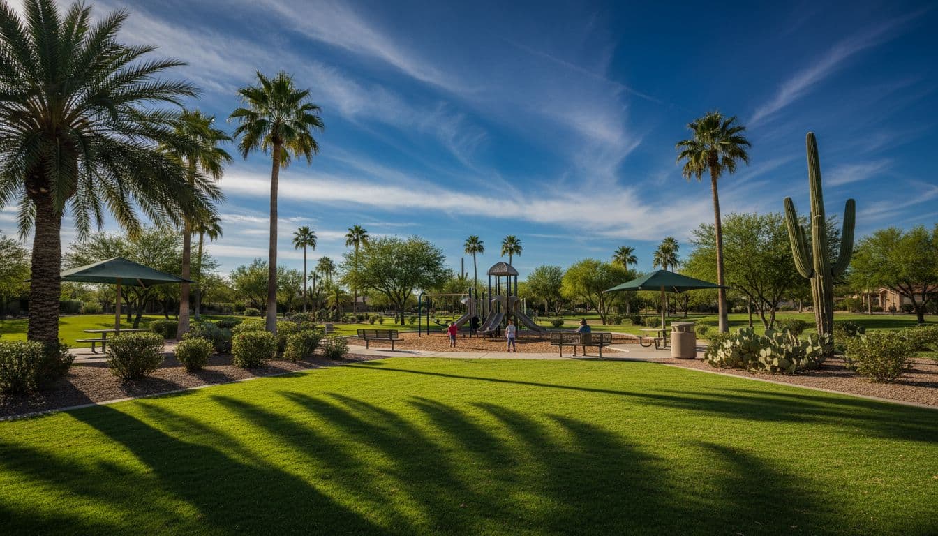 Green community park with playground, picnic areas, three kids and one parent amid palms and saguaro cacti on sunny day.