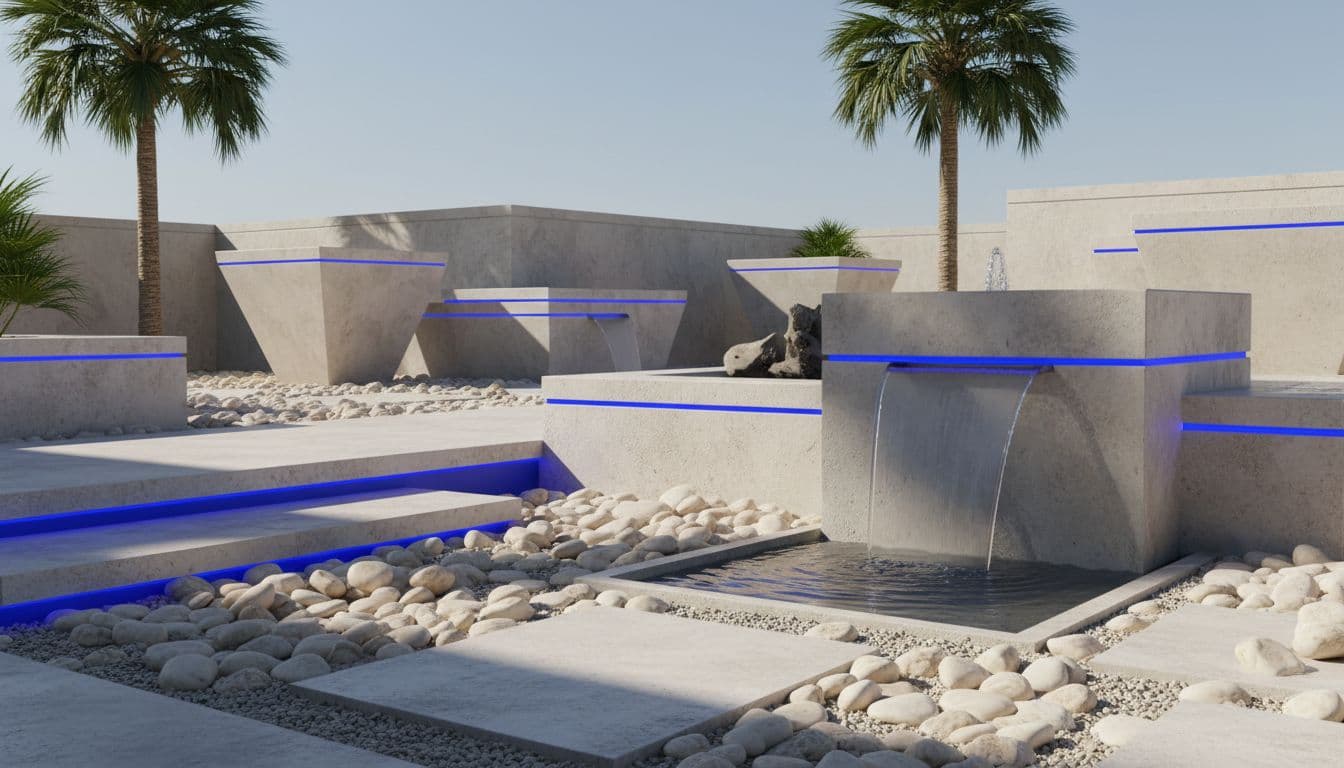 Close-up of clean stone textures, architectural accents, and palm trees against clear blue sky.