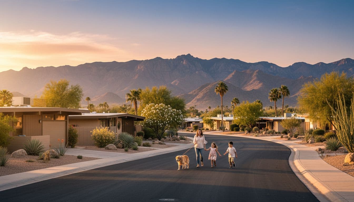 Family of four walks dog along tree-lined street with mid-century homes and Phoenix mountains at golden hour.