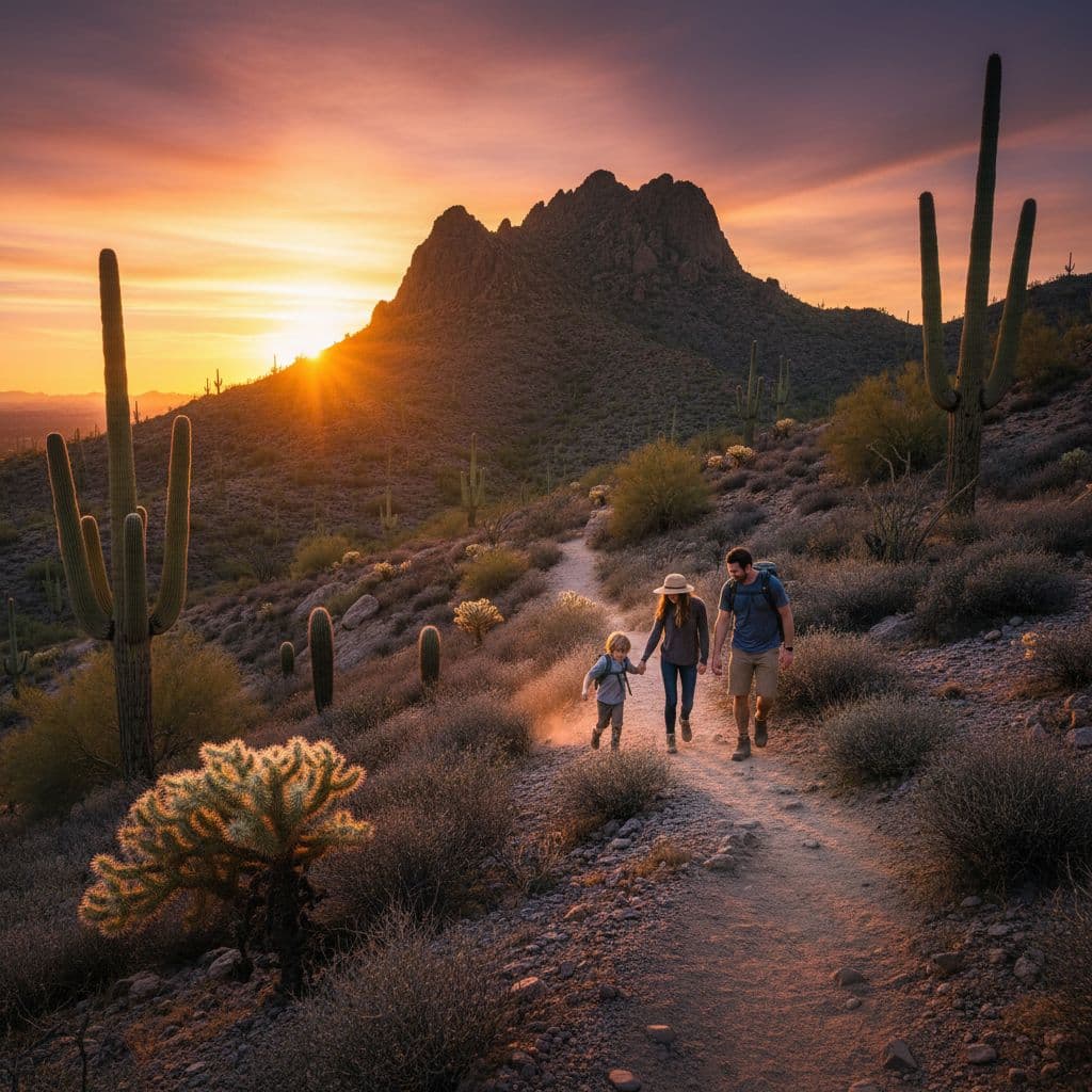 A family of three walks along a desert hiking trail near Piestewa Peak during sunset.