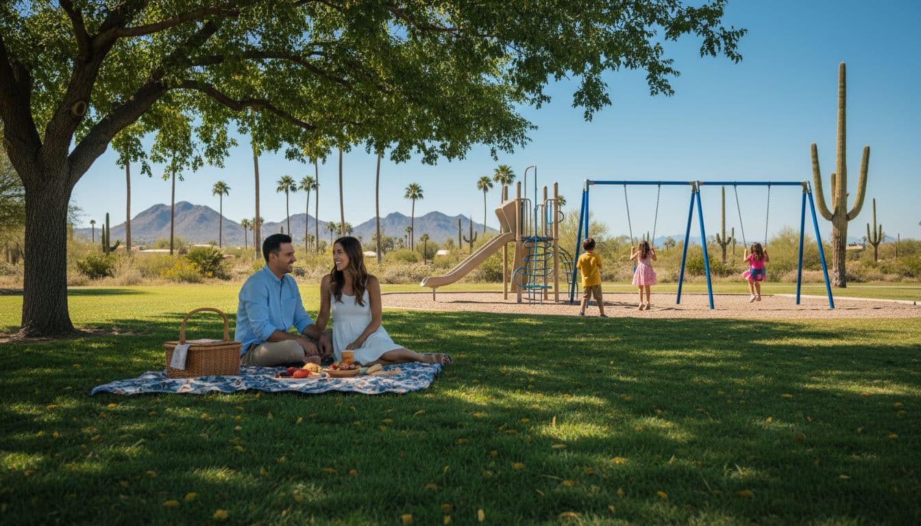 Two adults and two children picnic in shaded Phoenix park, kids play on nearby playground amid palms.
