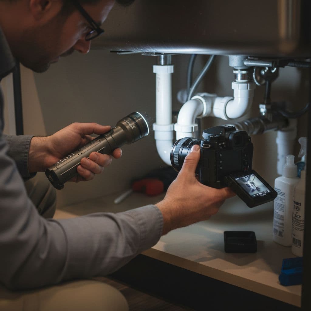 A home inspector uses a flashlight and camera to inspect plumbing pipes beneath a modern kitchen sink.