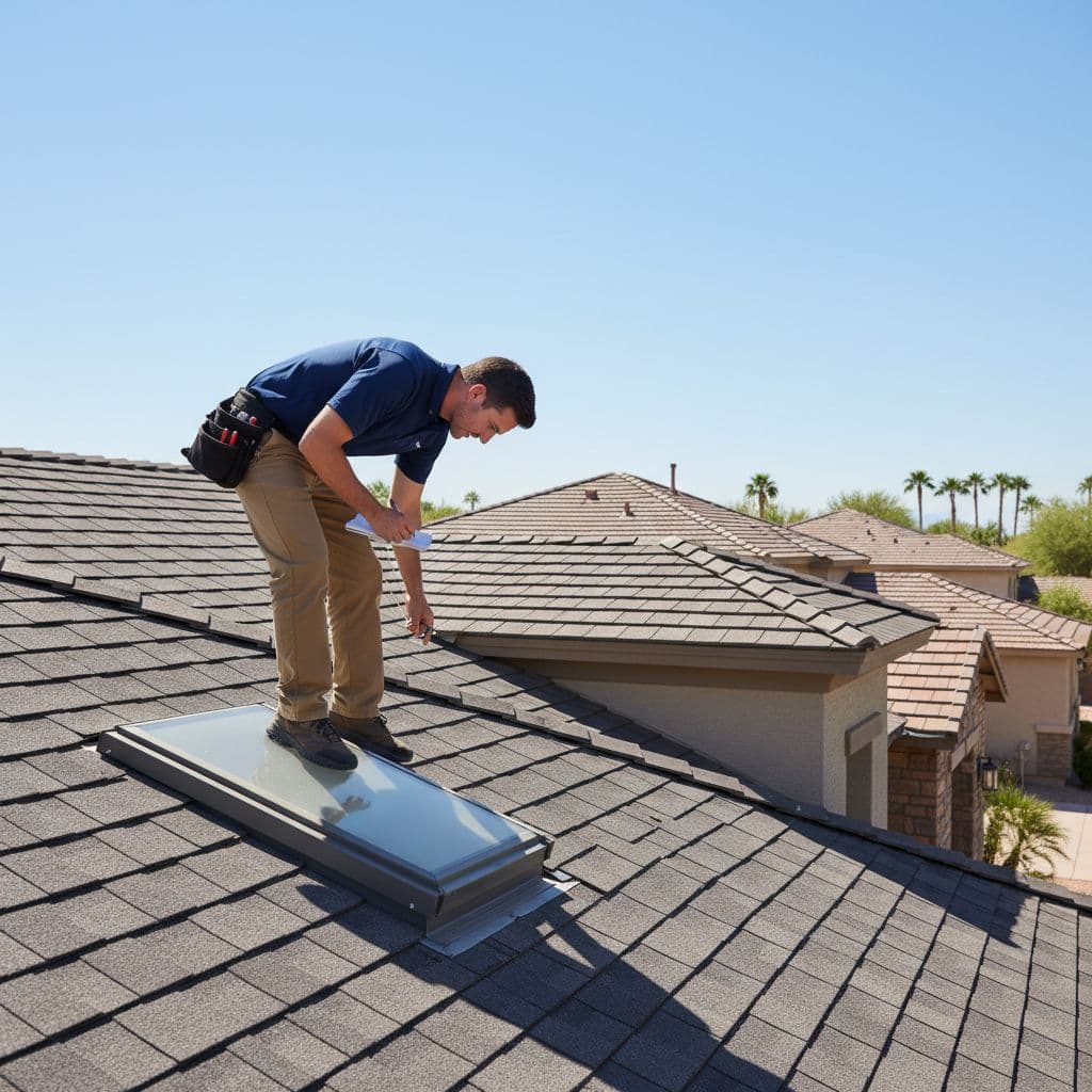 A professional inspector in a polo shirt examines shingles and flashing on a sunny suburban rooftop.
