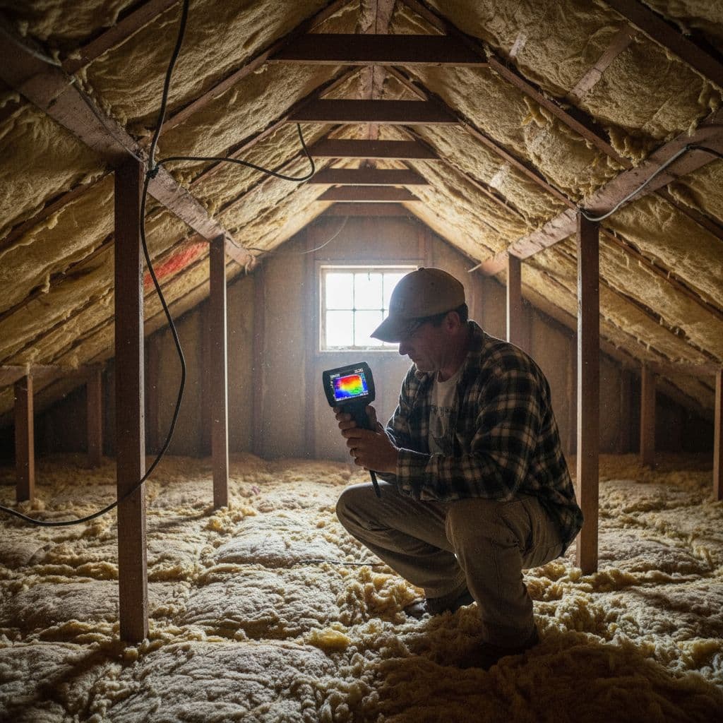 A home inspector uses a thermal imaging camera to examine rafters and insulation in a dusty attic.