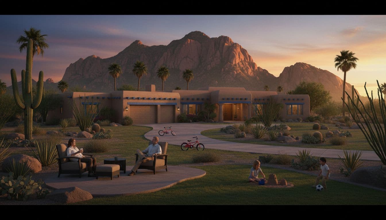 Spacious home on large lot with palm trees, kid's bike on driveway, mountain sunset backdrop, parents on patio.