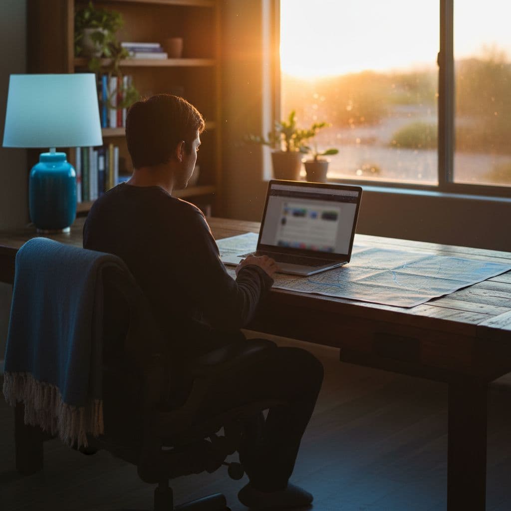 A person sits at a rustic wooden desk, studying a large paper map of Phoenix displayed next to an open laptop. Warm sunlight streams through the window, illuminating the focused workspace.
