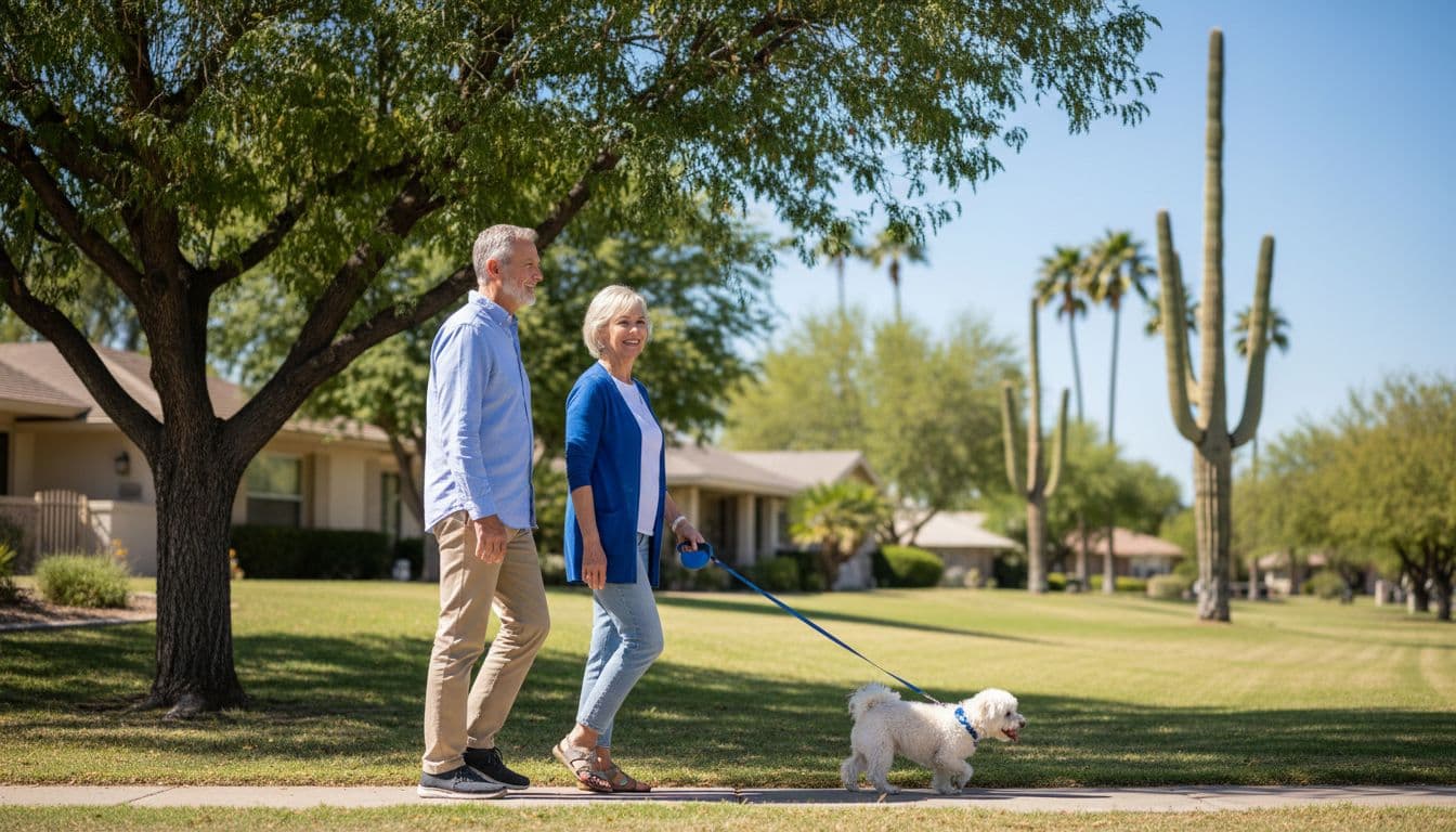 Mature couple walks small dog along tree-lined sidewalk with saguaro cacti in sunny Phoenix background.