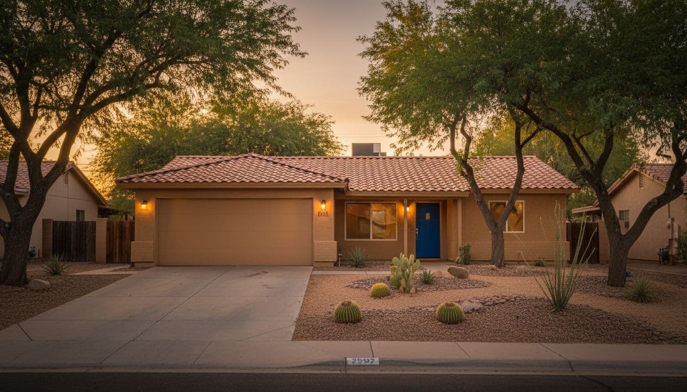 Single-story ranch-style home exterior in tree-lined Phoenix neighborhood with desert landscaping, mature trees, and wide driveway under warm sunset glow.